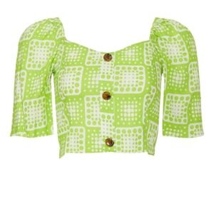 The Odells Crop Top Small Green Geometric Dot Puff Sleeve Smocked Boho‎ Retro